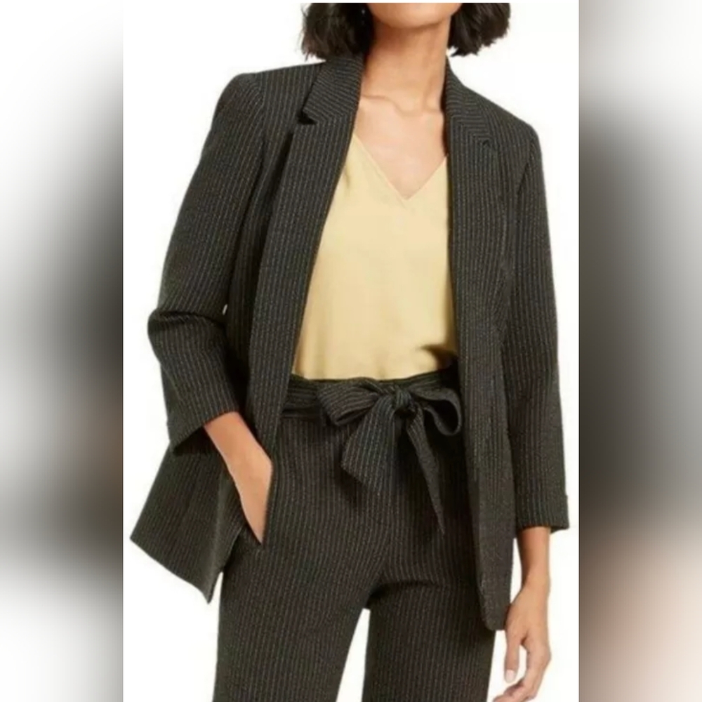 NEW BAR III S BLACK WHITE PINSTRIPE OPEN FRONT NOTCHED COLLAR SUIT BLAZER JACKET
